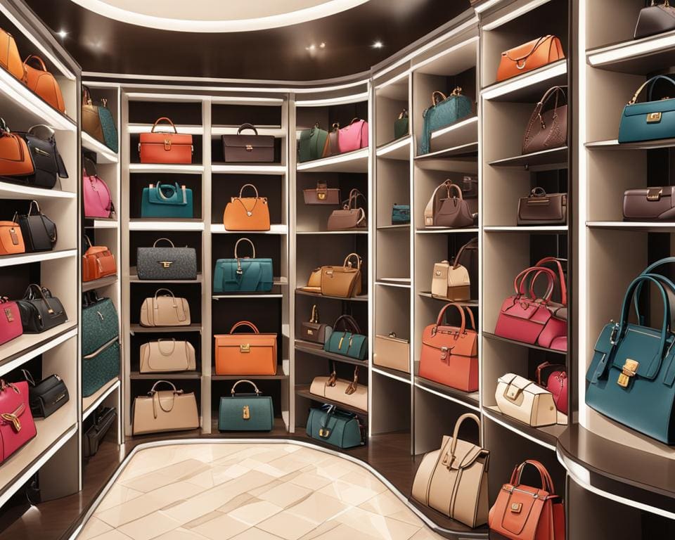 Een collectie van luxe handtassen van merken als Hermès en Chanel