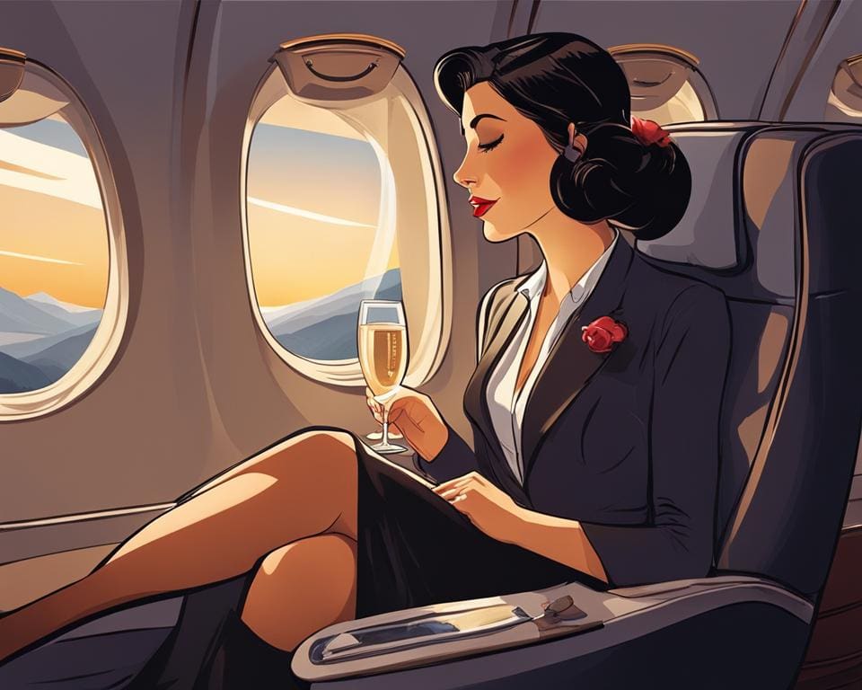 Vrouw ontspannen in een premium cabine vliegtuigstoel