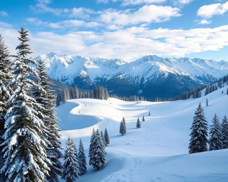 Maak een tocht door de met sneeuw bedekte Alpen