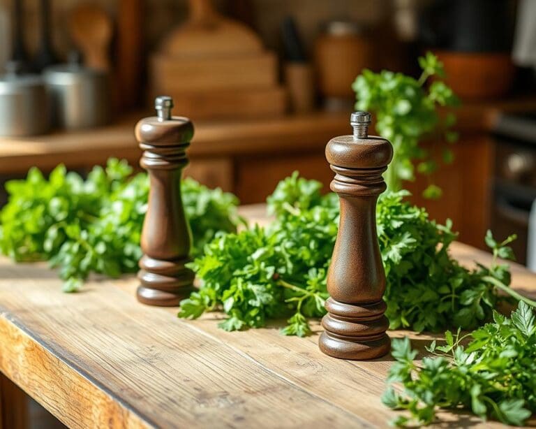 Pepermolens voor verse kruiden op tafel