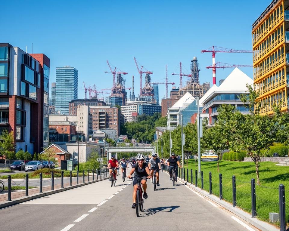 Stadsfietstocht door moderne wijken en industriële omgevingen