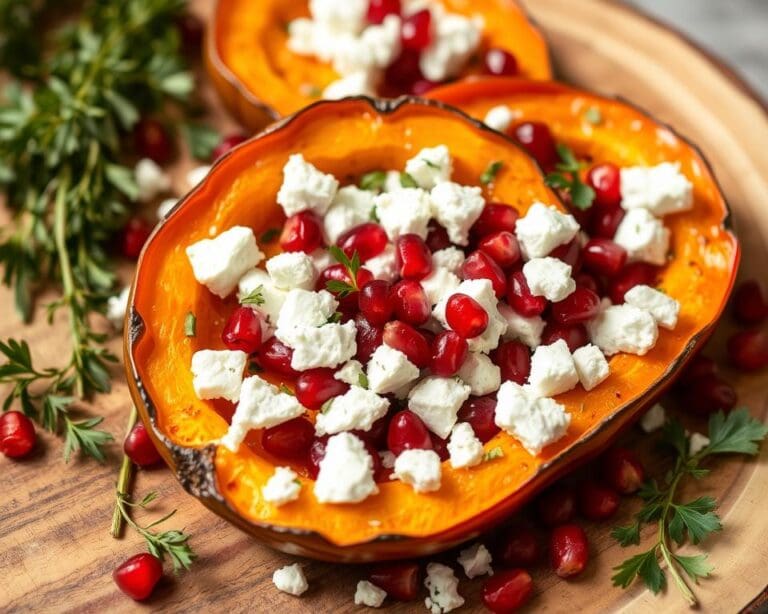 Geroosterde pompoen met feta en granaatappel