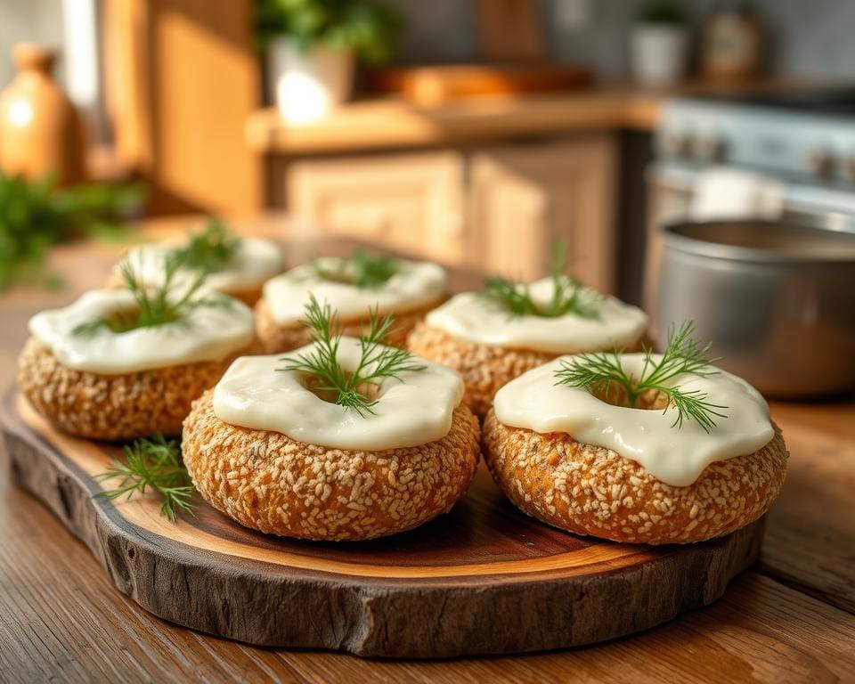 Volkoren zuurdesem bagels met roomkaas en dille