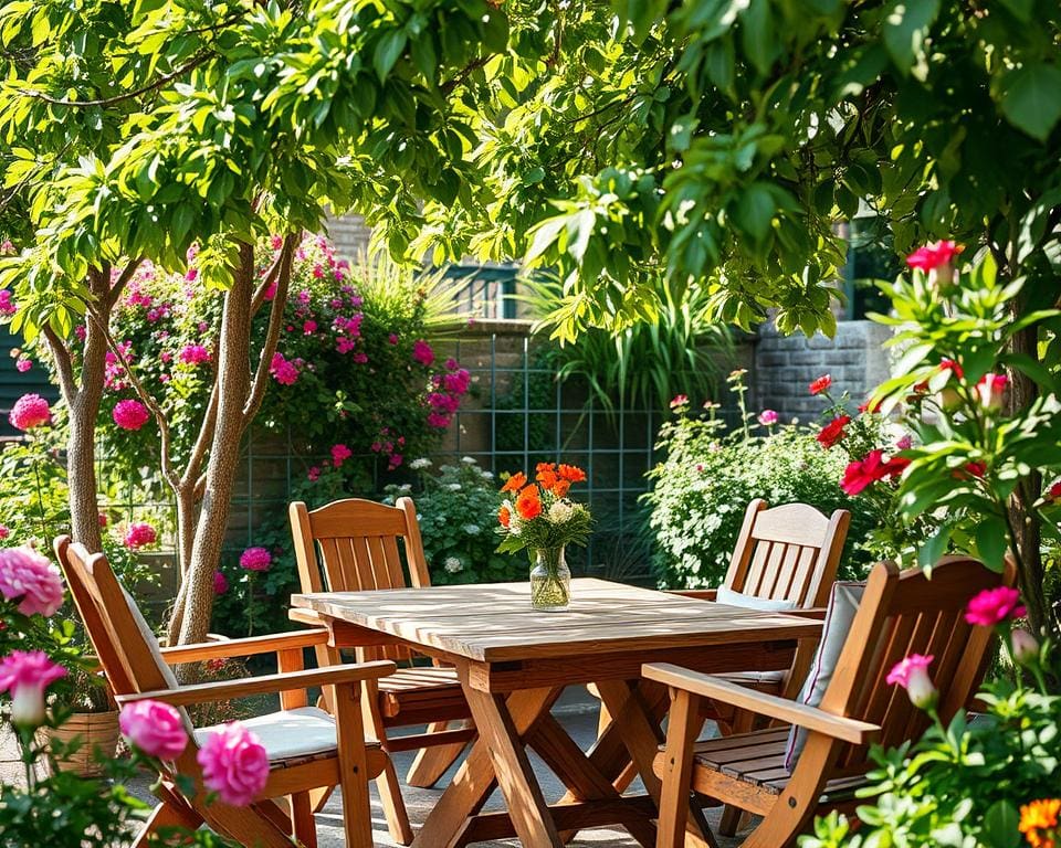 houten meubels in een tuin