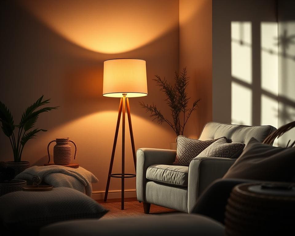Een vloerlamp die warmte brengt in de zithoek